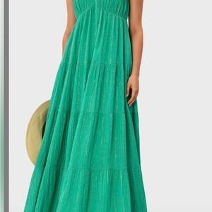 Tiered V-Neck Maxi Dress in Emerald with Metallic Detail